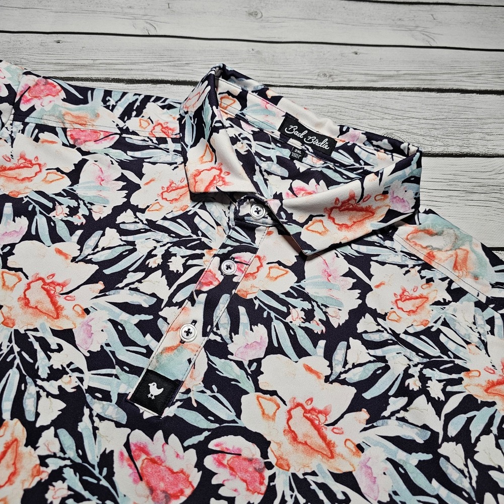 Bad Birdie Floral Polo Shirt - Black, Pink, Orange, White